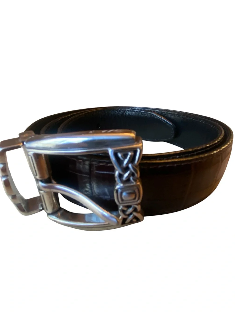 Brighton Dark Brown Croc Embossed Leather Belt with Decorative Silver Buckle